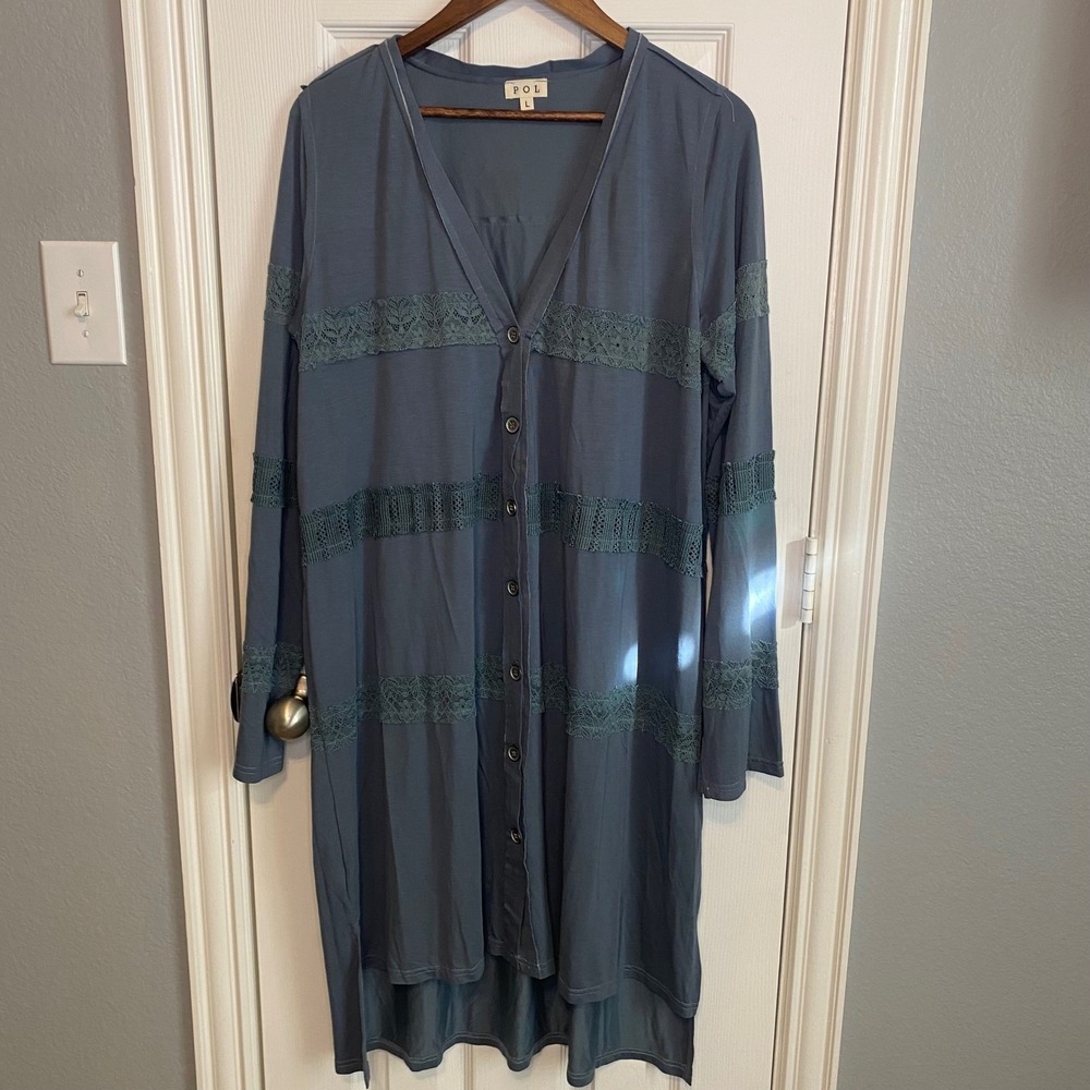 POL Dress Size Large NWOT Blue Lace Trim Long Sleeve Button Front Cardigan